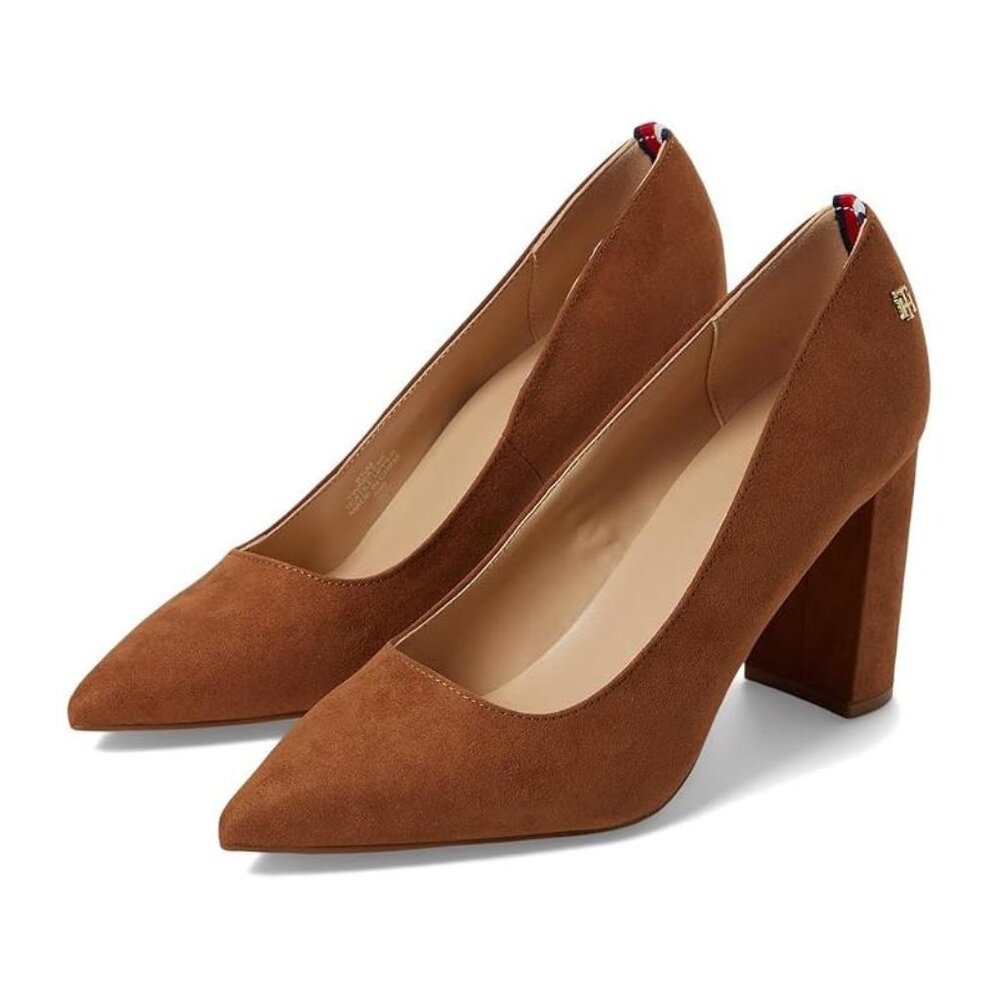 Tommy Hilfiger Brown Suede Pointed-Toe Block Heel Pumps